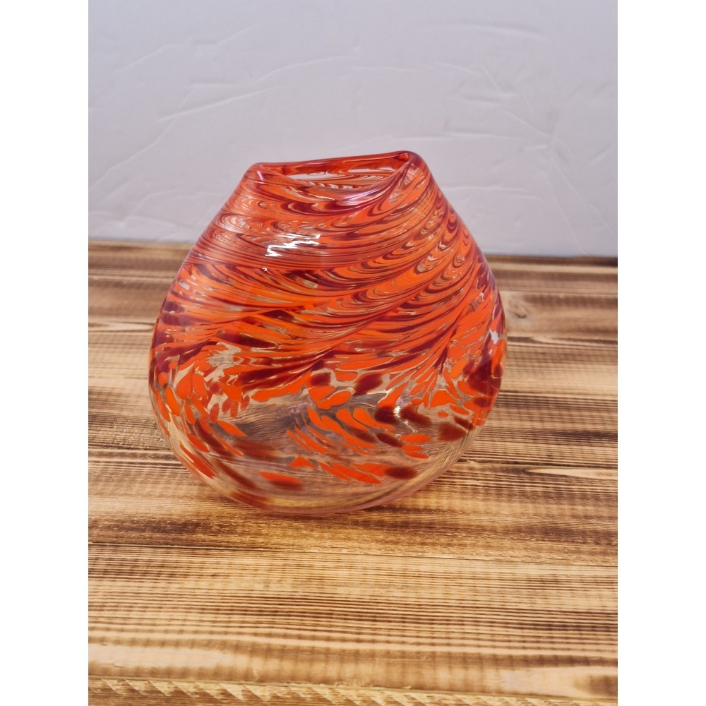 Signed Art Glass Vase Crimp Hand Blown Red Orange Lava Modern Dated 2010